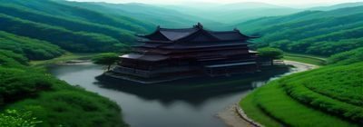 荒野基地生存法则游戏截图：末日荒原中简陋却坚固的木石基地，玩家角色在夕阳下巡逻，生存感强烈